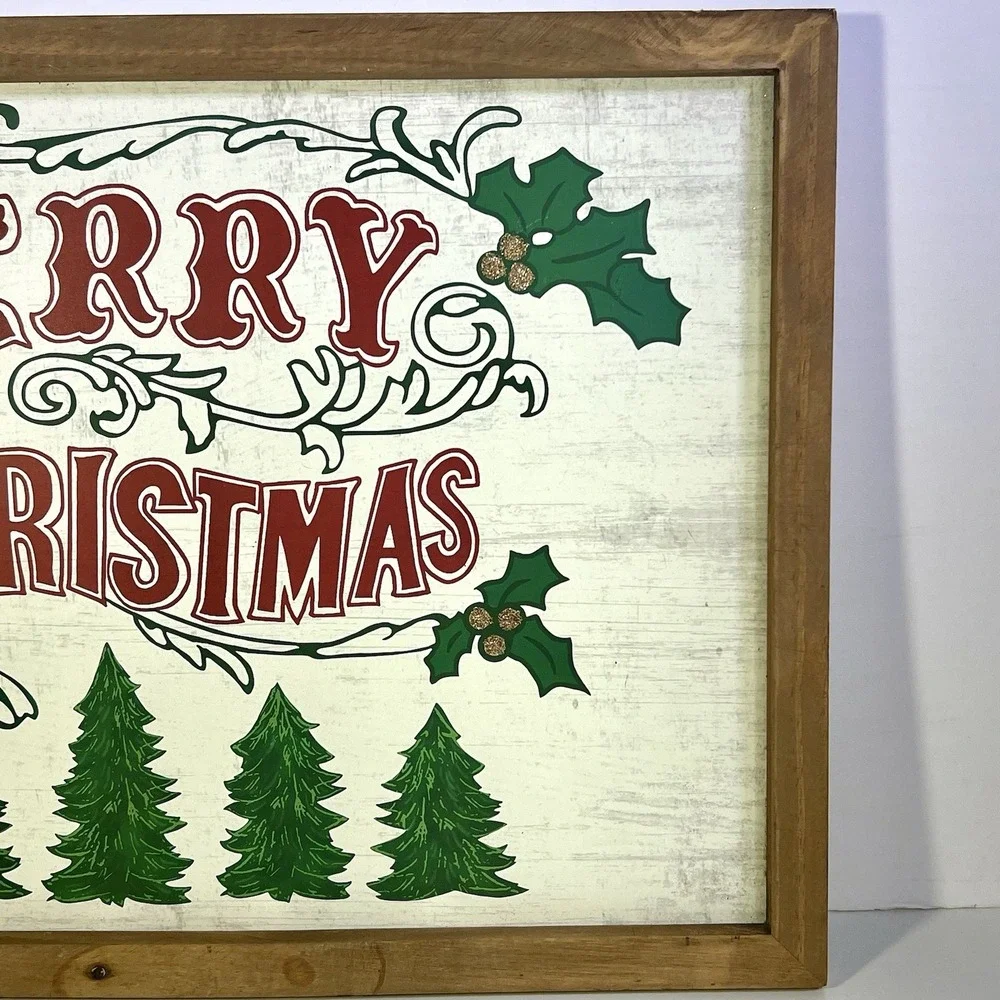 Pier 1 Folk Art Merry Christmas Wood Frame Wall Art Decor Rustic Cottage 12x17.5